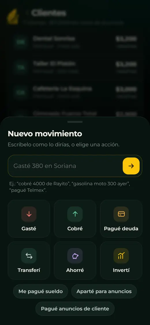 Nuevo movimiento en la app de Finanzas: campo para escribir el gasto como se dice y botones Gasté, Cobré, Pagué deuda, Transferí, Ahorré e Invertí