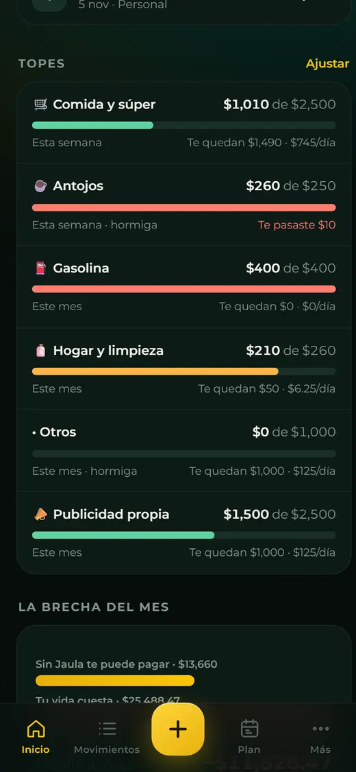 Topes por categoría de la app de Finanzas: comida, antojos, gasolina y hogar con barras de cuánto se ha gastado del límite