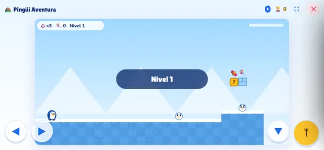 Juego Pingüi Aventura: nivel 1 de plataformas sobre hielo con controles para correr y saltar