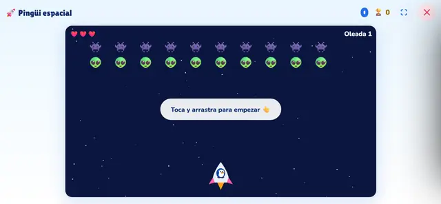 Juego Pingüi espacial en horizontal: la nave del pingüino frente a dos filas de marcianos