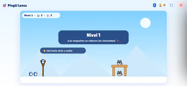 Juego Pingüi Lanza: resortera con pingüino frente a una torre con mapaches que se robaron los chocolates