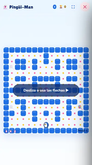 Juego Pingüi-Man: laberinto con dulces y un pingüino, con flechas para moverse