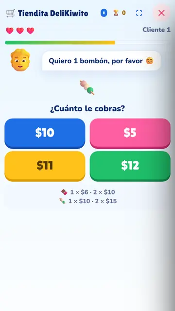 Juego Tiendita: un cliente pide un bombón y el niño elige cuánto cobrar entre cuatro precios