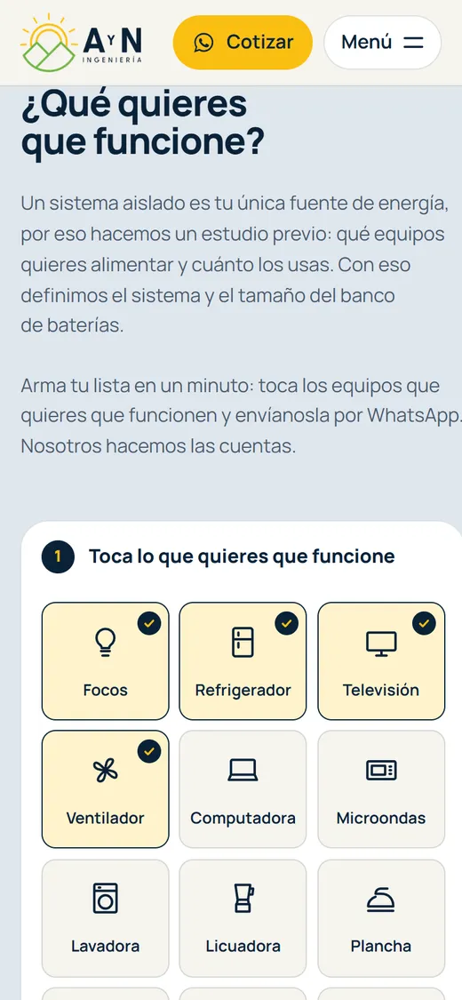 Armador de lista en el celular: ¿Qué quieres que funcione?, con focos, refrigerador, televisión y ventilador marcados