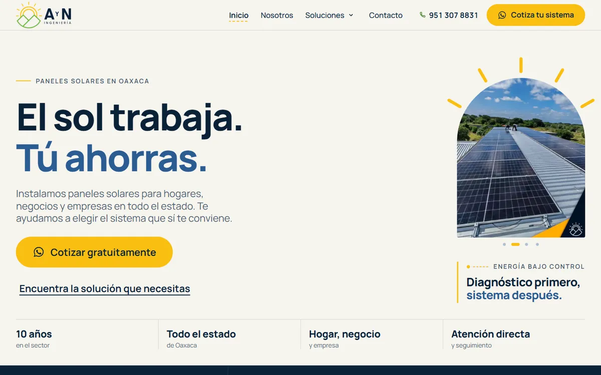 Portada del sitio de A&N Ingeniería: El sol trabaja. Tú ahorras., con una instalación de paneles solares, el botón Cotizar gratuitamente y Diagnóstico primero, sistema después