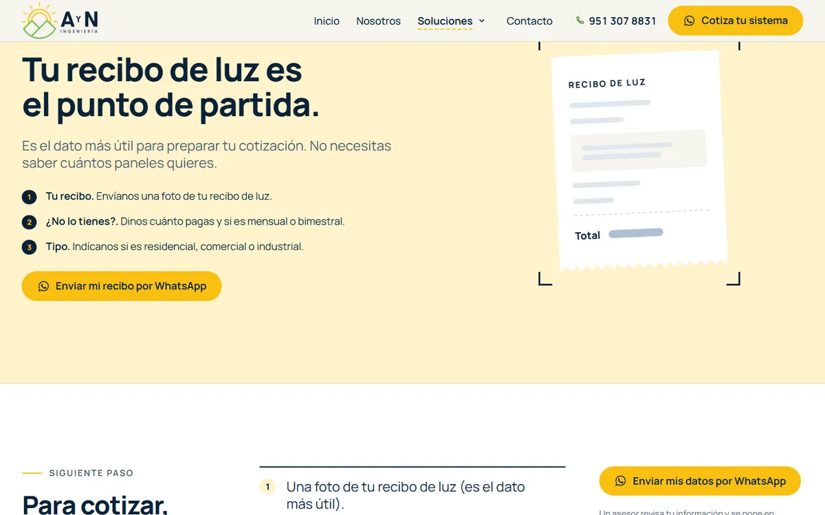 Sección Tu recibo de luz es el punto de partida: un recibo ilustrado y tres datos para cotizar, el recibo, cuánto pagas y el tipo de servicio, con el botón Enviar mi recibo por WhatsApp
