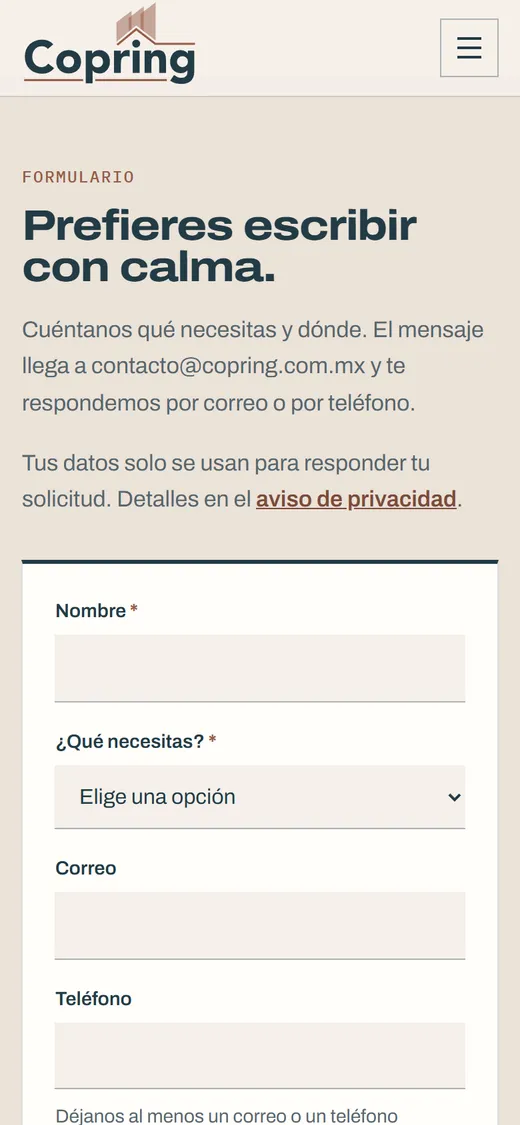 Formulario de contacto de Copring en el celular: Prefieres escribir con calma, con nombre, qué necesitas, correo y teléfono