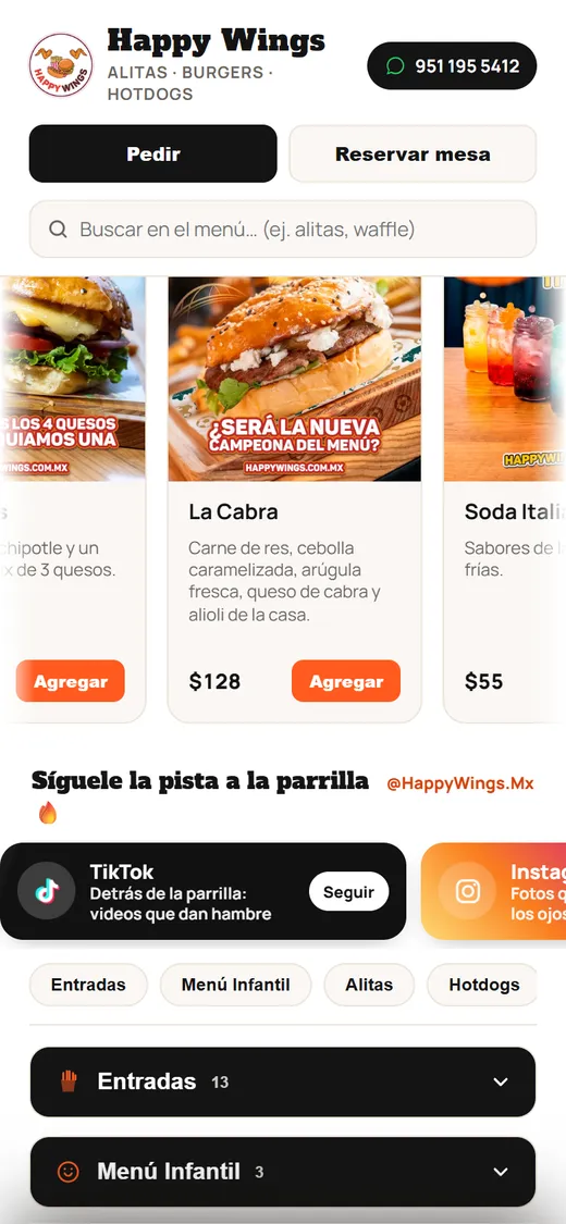 Menú de Happy Wings en el celular: buscador, destacados con precio y botón Agregar, enlaces a redes y las categorías Entradas y Menú Infantil