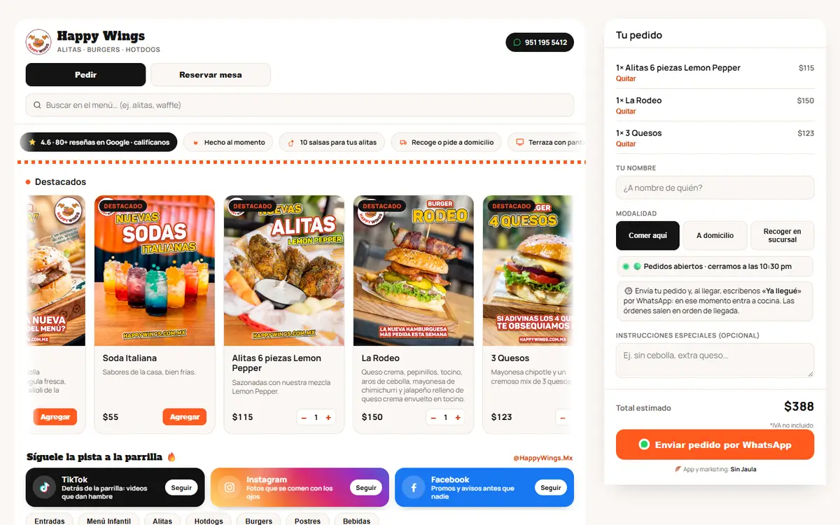 Sitio de Happy Wings en la computadora: los destacados del menú con botones Agregar y, a la derecha, el pedido con tres productos, la modalidad y el botón Enviar pedido por WhatsApp