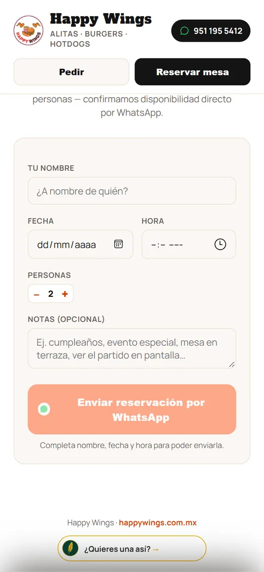 Formulario Reservar mesa de Happy Wings en el celular: nombre, fecha, hora, personas, notas y el botón Enviar reservación por WhatsApp