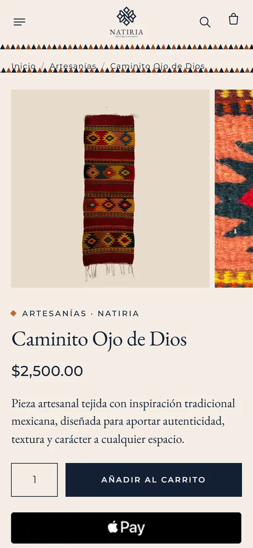 Página de producto de NATIRIA en el celular: Caminito Ojo de Dios, su precio, el botón Añadir al carrito y el botón de pago exprés