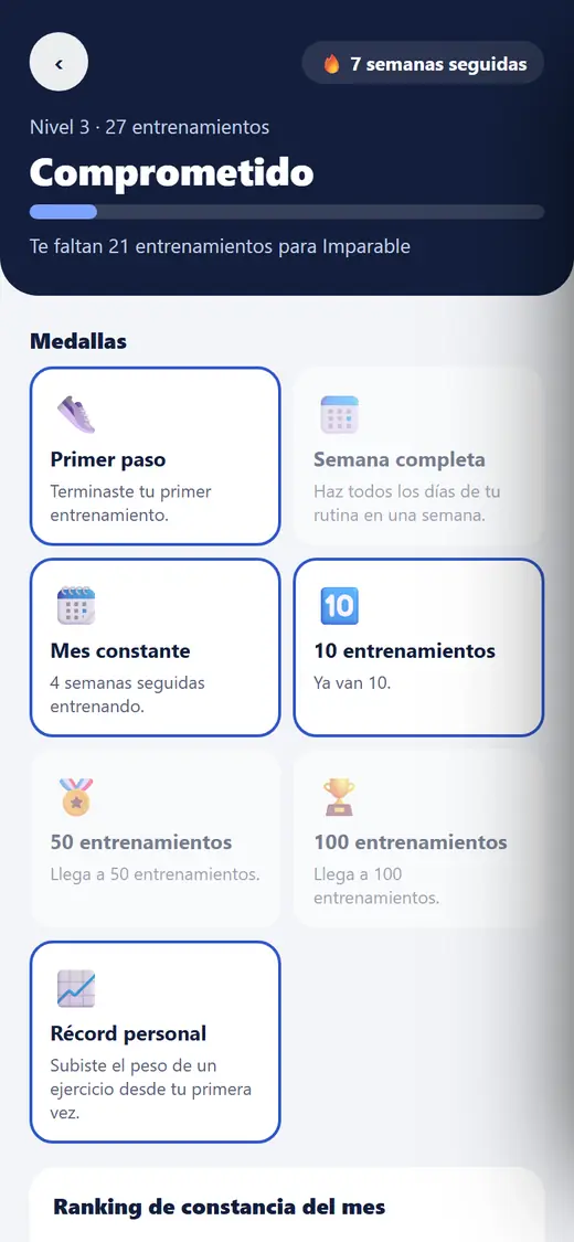 Pantalla de logros: nivel Comprometido con 27 entrenamientos y medallas como Primer paso, Mes constante y Récord personal