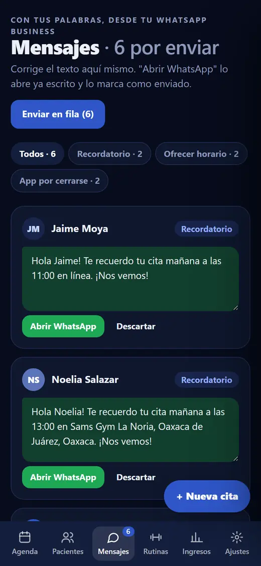 Pantalla Mensajes de la agenda: recordatorios de cita ya escritos con botón Abrir WhatsApp, filtrados por etapa