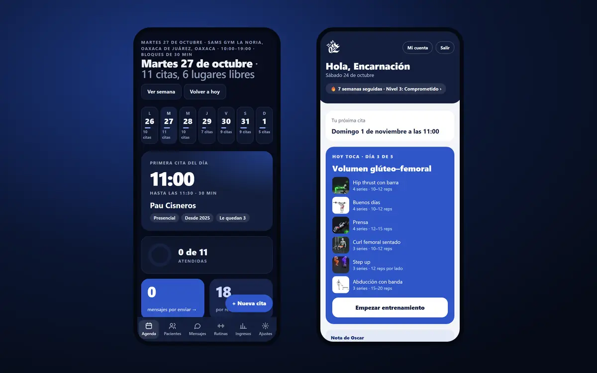 Dos celulares con datos de ejemplo: a la izquierda la agenda de Team Oz con las 11 citas de un martes; a la derecha la app de entrenamiento con la rutina del día de un paciente