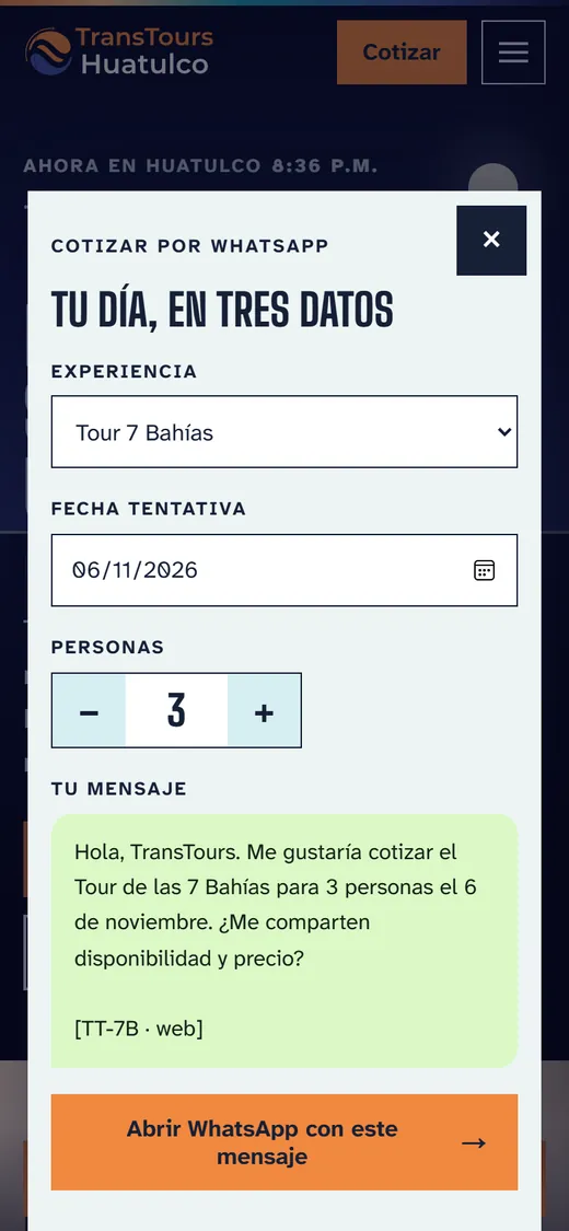 Cotizador en el celular: Tour 7 Bahías, 6 de noviembre, 3 personas, y el mensaje listo para WhatsApp con el código TT-7B web
