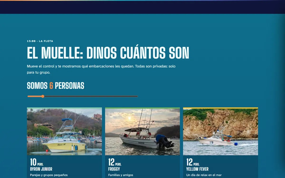Sección de la flota: Somos 6 personas, con tres embarcaciones reales, Byron Junior, Froggy y Yellow Fever, y su capacidad