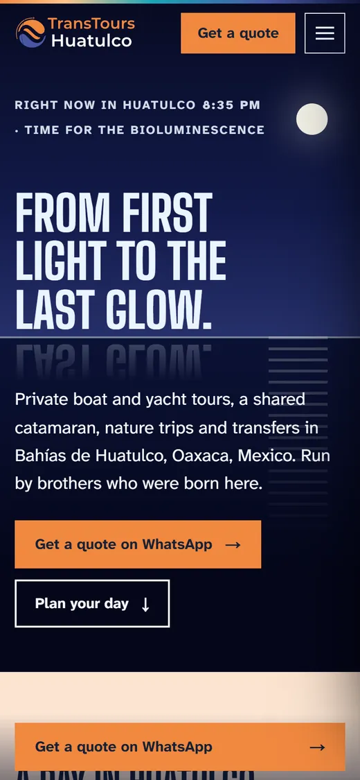 Portada del sitio en inglés en el celular: From first light to the last glow, con el botón Get a quote on WhatsApp