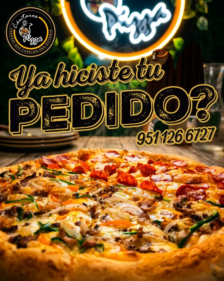 Anuncio de Cántaros Pizza: ¿ya hiciste tu pedido?, con una pizza de pepperoni y el teléfono para pedir