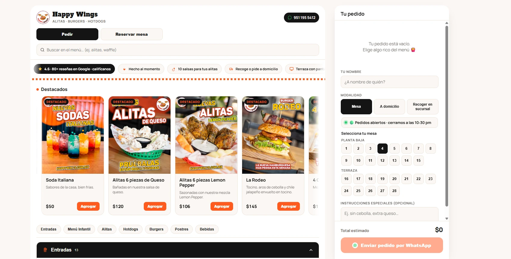 Sitio web de Happy Wings en escritorio — menú, pedido y selección de mesa
