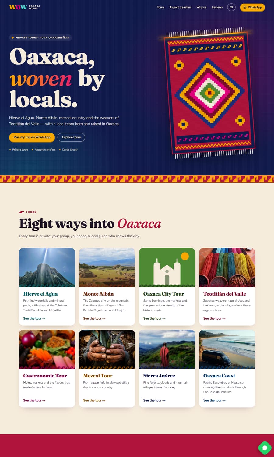 Página de inicio de Wow Oaxaca Tours: Oaxaca, woven by locals, con un tapete de Teotitlán